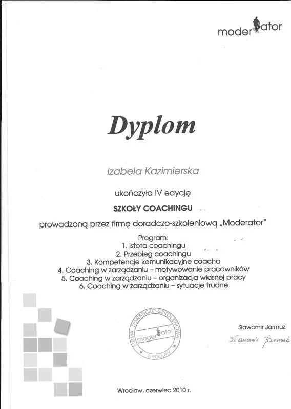 Dyplom ukończenia Szkoły Coachingu