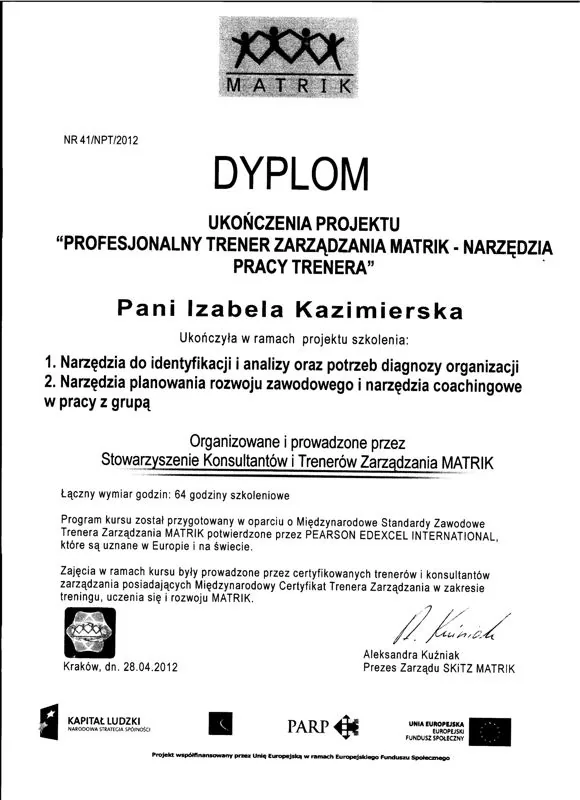 Dyplom MATRIK, profesjonalny trener zarządzania