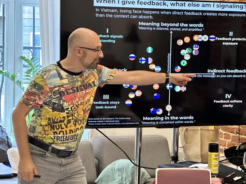 Uczestnik omawia model feedbacku na ekranie