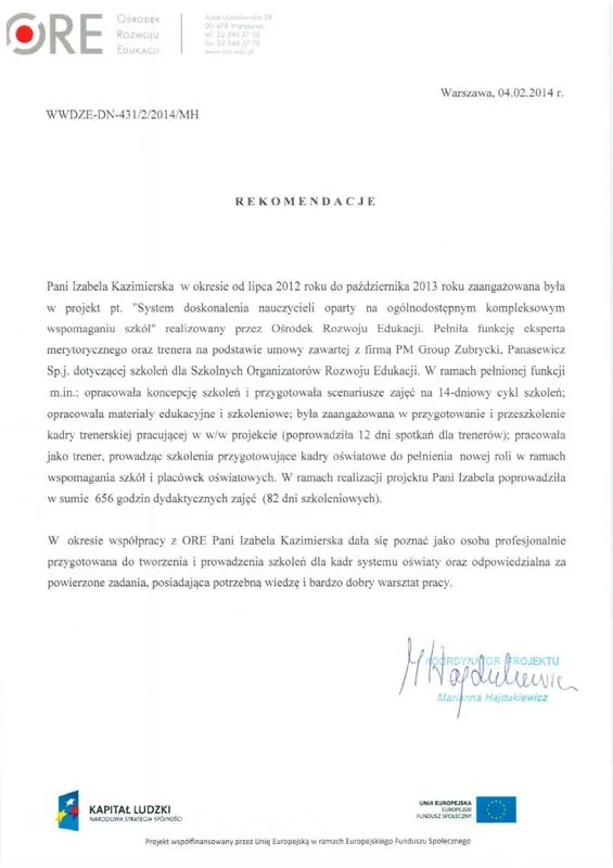 Skan referencji od Ośrodka Rozwoju Edukacji