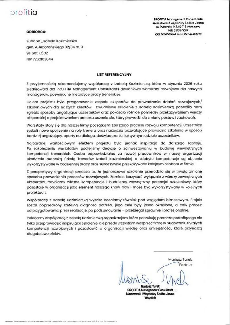 List referencyjny: Profitia Management Consultants